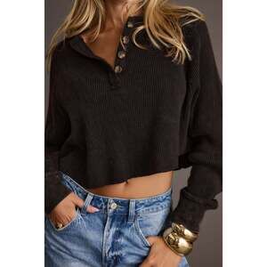 12th Tribe Black Cropped Waffle Knit Long Sleeve Henley